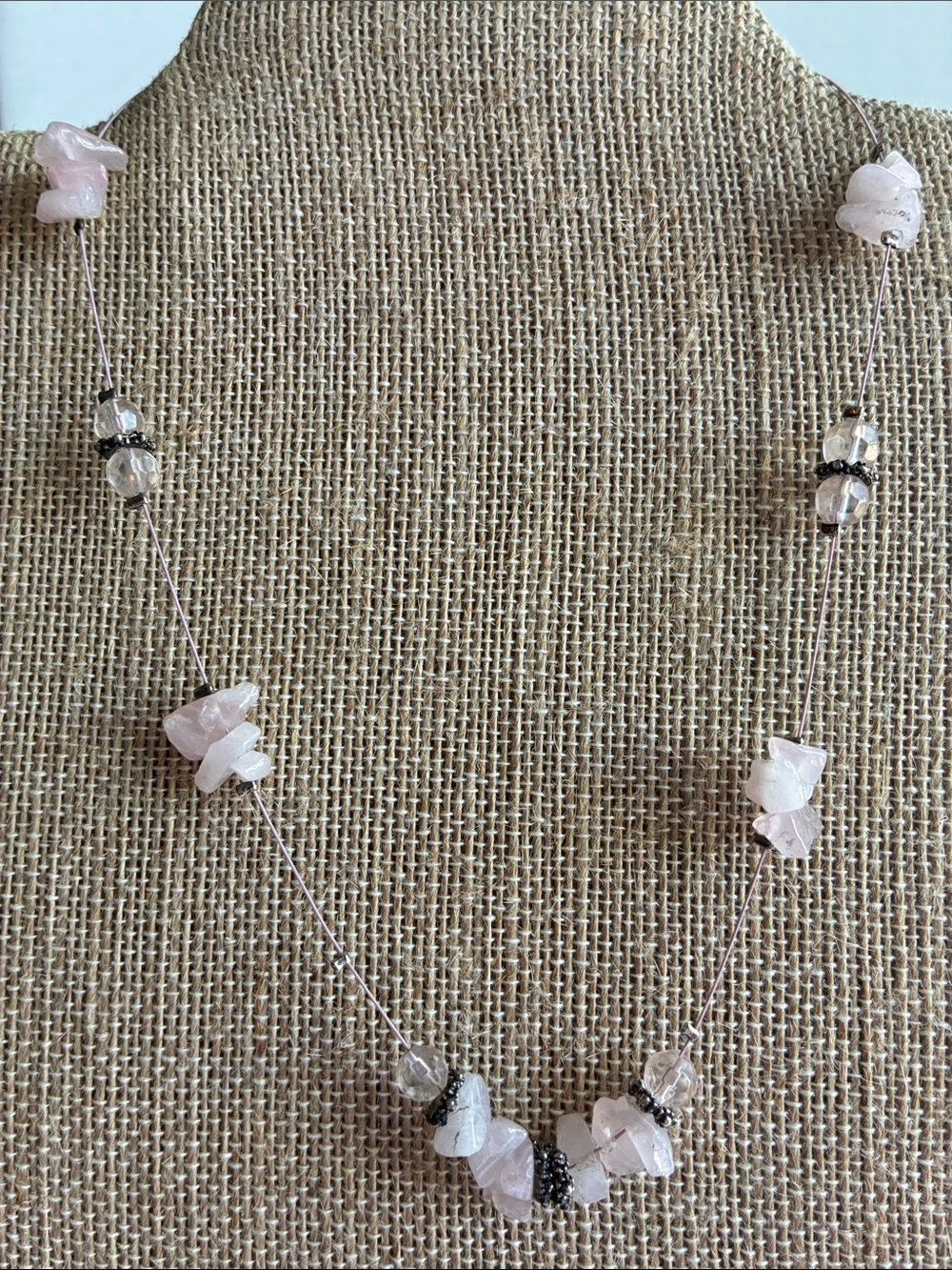 Delicate Rose Quartz Chip and Glass Beaded Necklace - Pink and Gun Metal Tone
